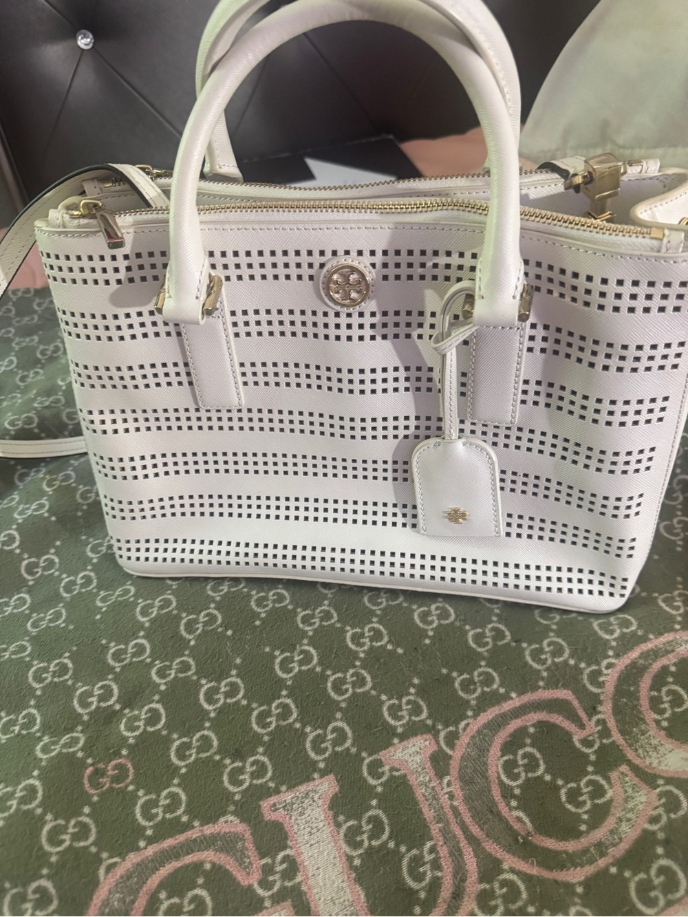 Tory Burch White Perforated Leather Top-Handle Satchel with Gold Hardware